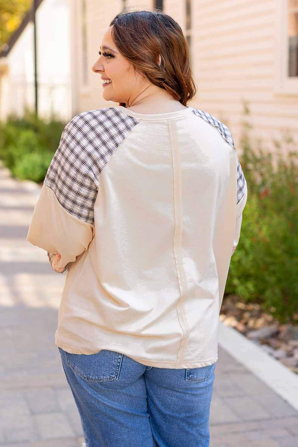 Beige Plaid Floral Peace Heart Graphic Wide Long Sleeve Top - Aaria Tees Aaria Tees