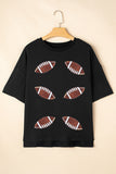 Black Sequin Rugby Football Patched Crewneck Loose T Shirt Aaria Tees