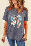Gray US Flag Bow Print Round Neck Loose T Shirt Aaria Tees