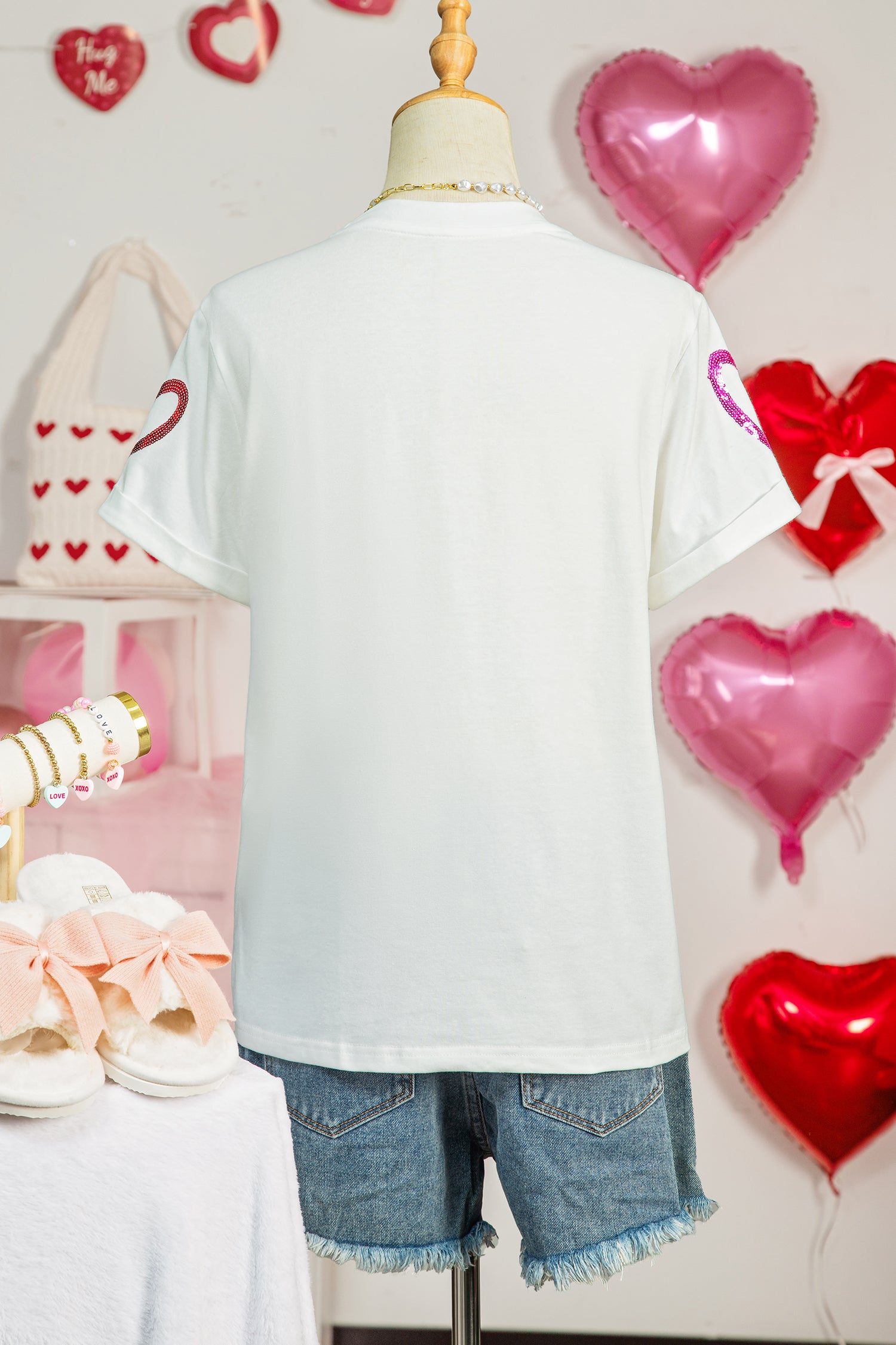 White Sequin Heart Sketch Graphic Womens Casual Tee - Aaria Tees Aaria Tees