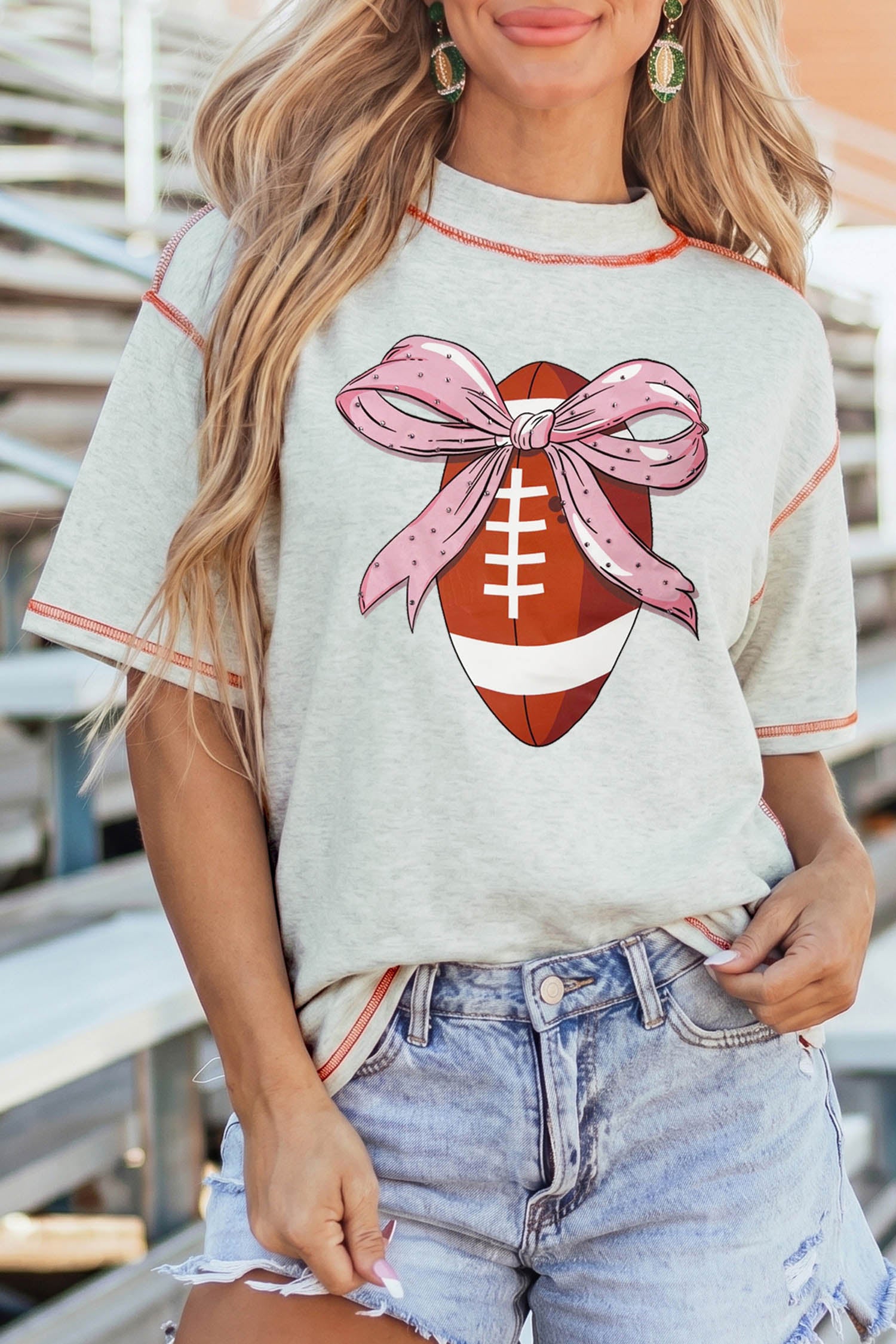 Light Grey Sweet Bow Rugby Football Graphic Contrast Stitched Tee - Aaria Tees Aaria Tees