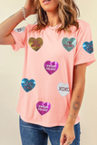 Pink Sequin Valentines Lettering Heart Patched Crewneck T Shirt Aaria Tees