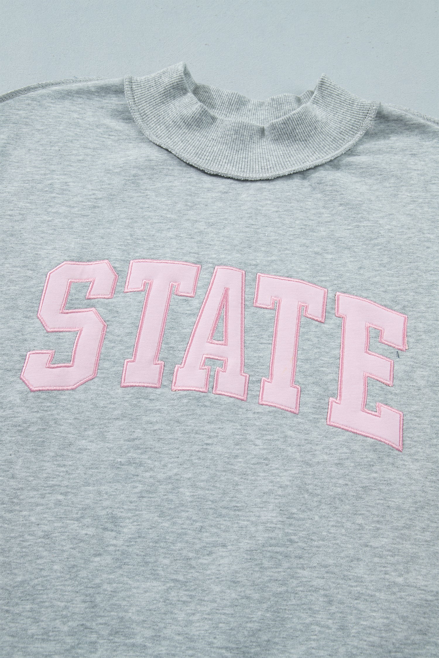 Light Grey Exposed Seam Mock Neck STATE Letter Graphic Loose Sweatshirt - Aaria Tees Aaria Tees