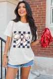 White Checkered Rugby Bowknot Graphic Crew T Shirt Aaria Tees