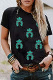 Black Western Turquoise Pattern Sequin Patched T Shirt Aaria Tees
