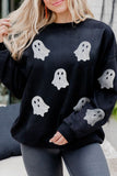 Black Glitter Ghost Pattern Crew Neck Halloween Sweatshirt Aaria Tees