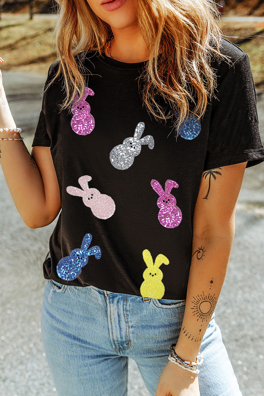 Black Sequin Bunny Doll Graphic Easter Day T Shirt - Aaria Tees Aaria Tees