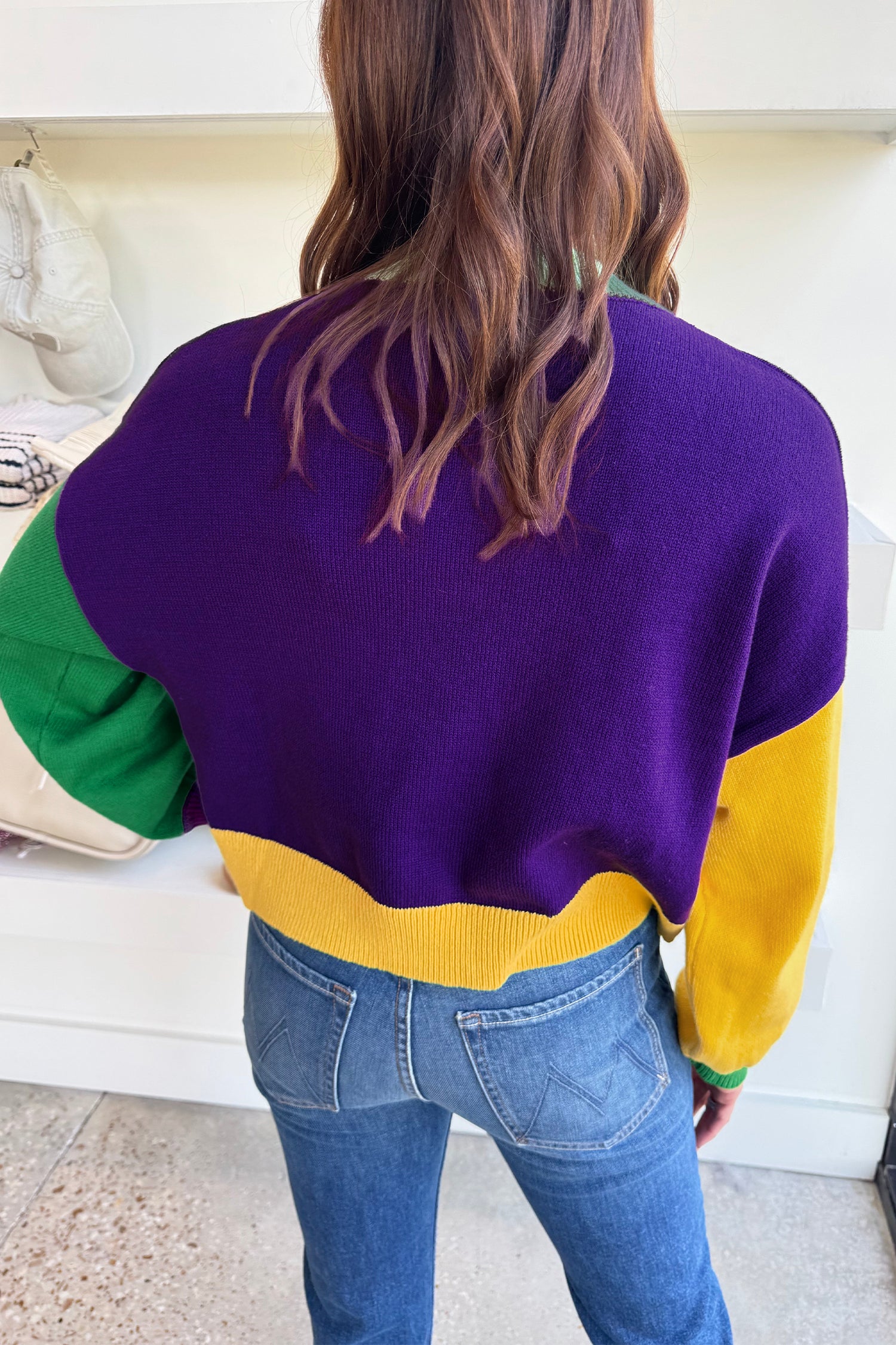 Tillandsia Purple Colorblock Patchwork Fuzzy Mardi Gras Graphic Sweater - Aaria Tees Aaria Tees