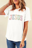 White JESUS Floral Pearl Printed Letter Graphic Tee Aaria Tees