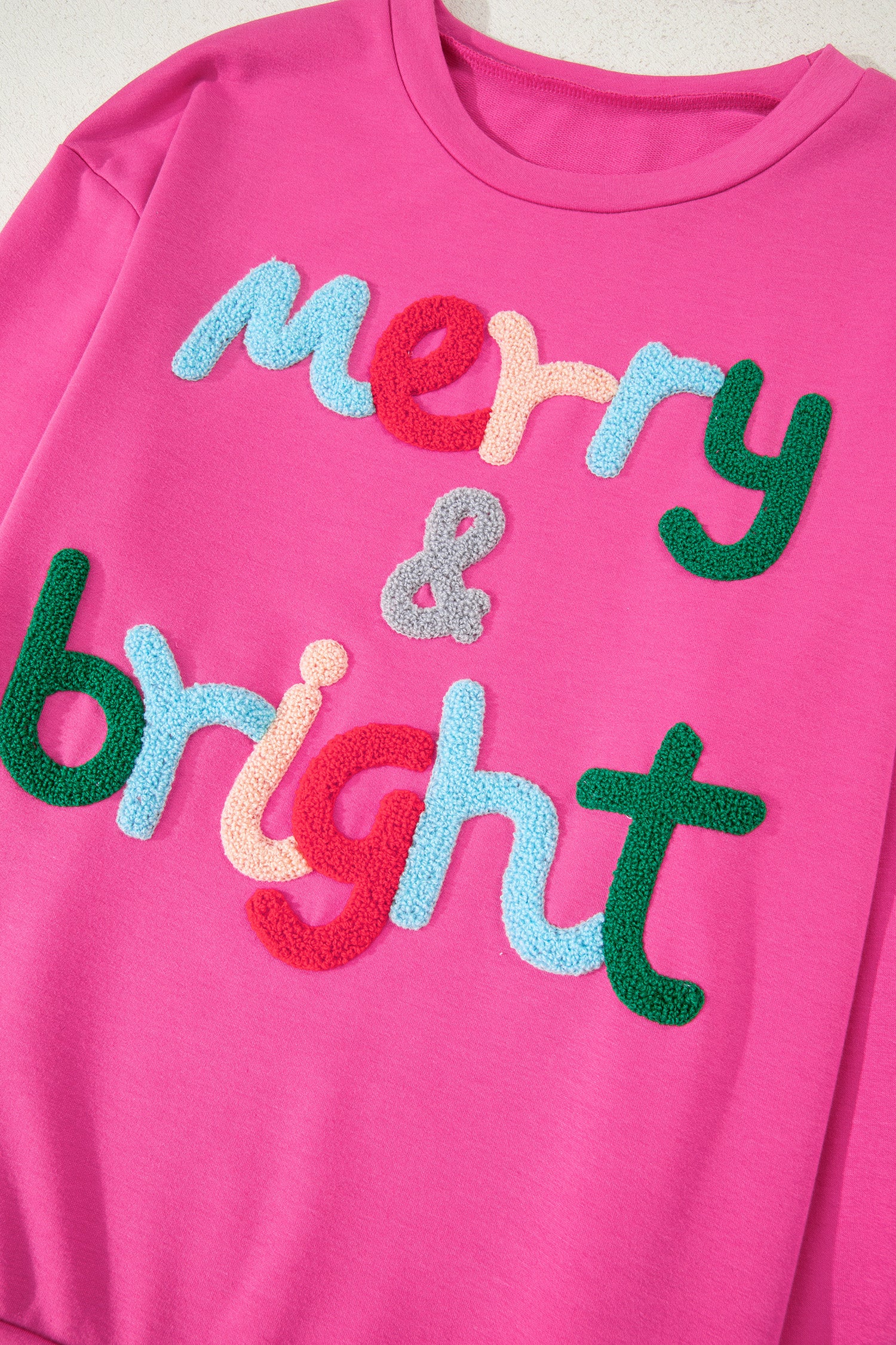 Rose Red Merry & Bright Christmas Letter Graphic Sweatshirt - Aaria Tees Aaria Tees