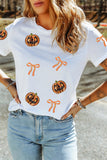 White Sequin Pumpkin Face Bow Halloween Graphic T Shirt Aaria Tees