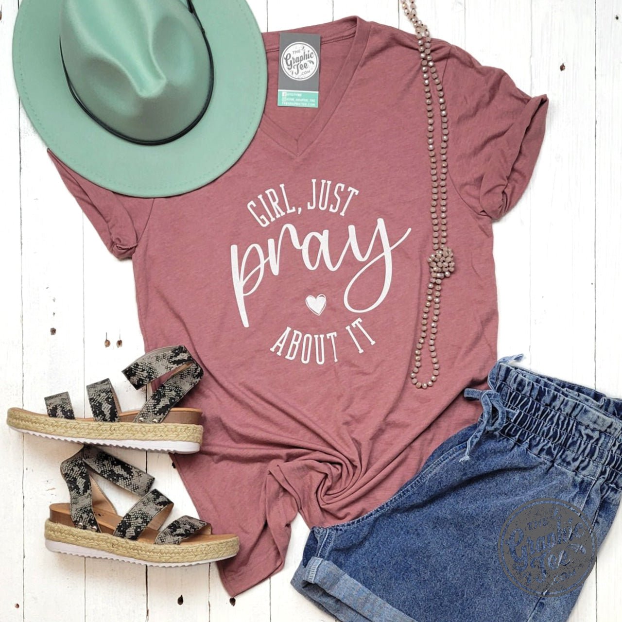 Girl Just Pray About It Heather Mauve Unisex V Neck Tee - Aaria Tees Aaria Tees