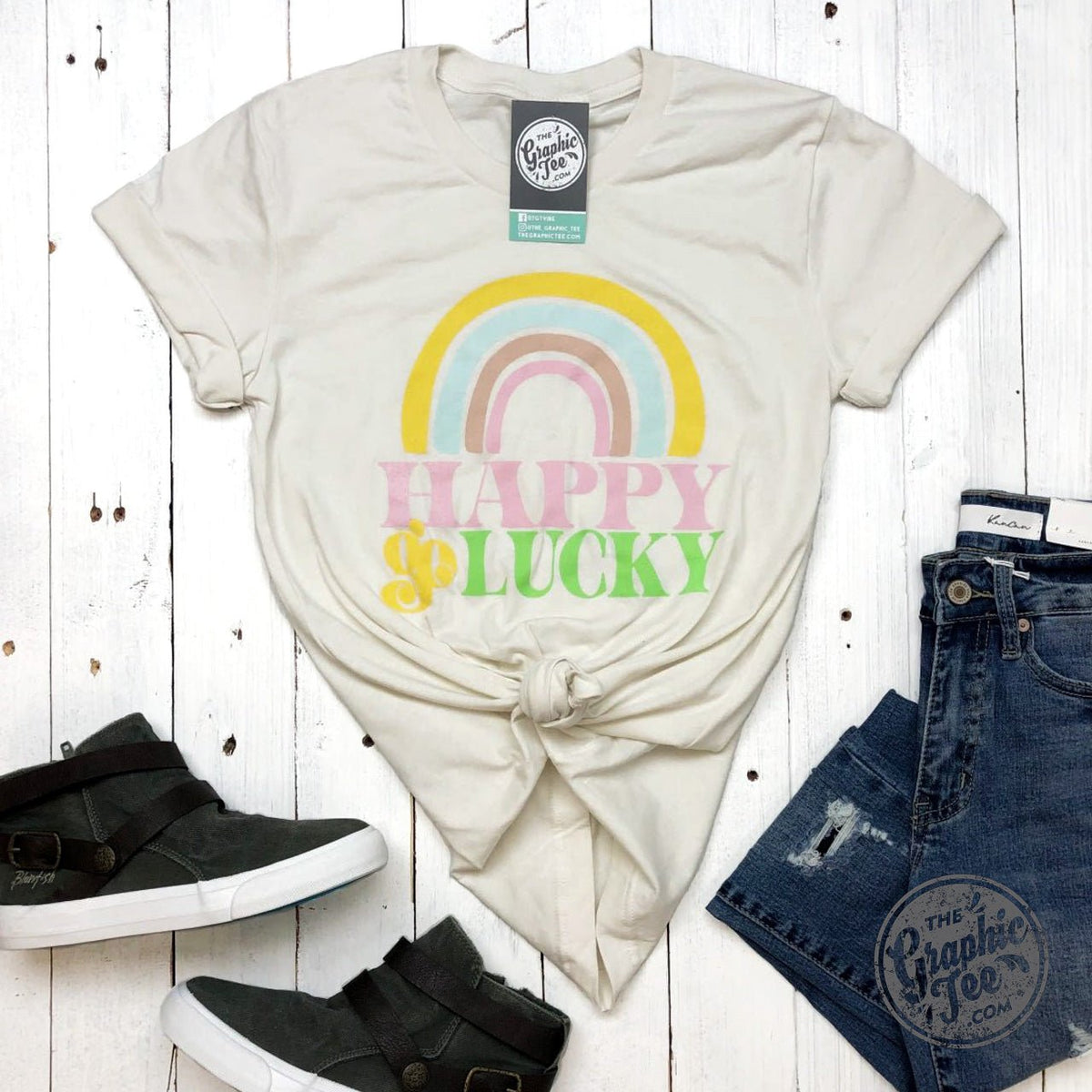Happy Go Lucky Vintage White Crew Neck Graphic Tee - Aaria Tees