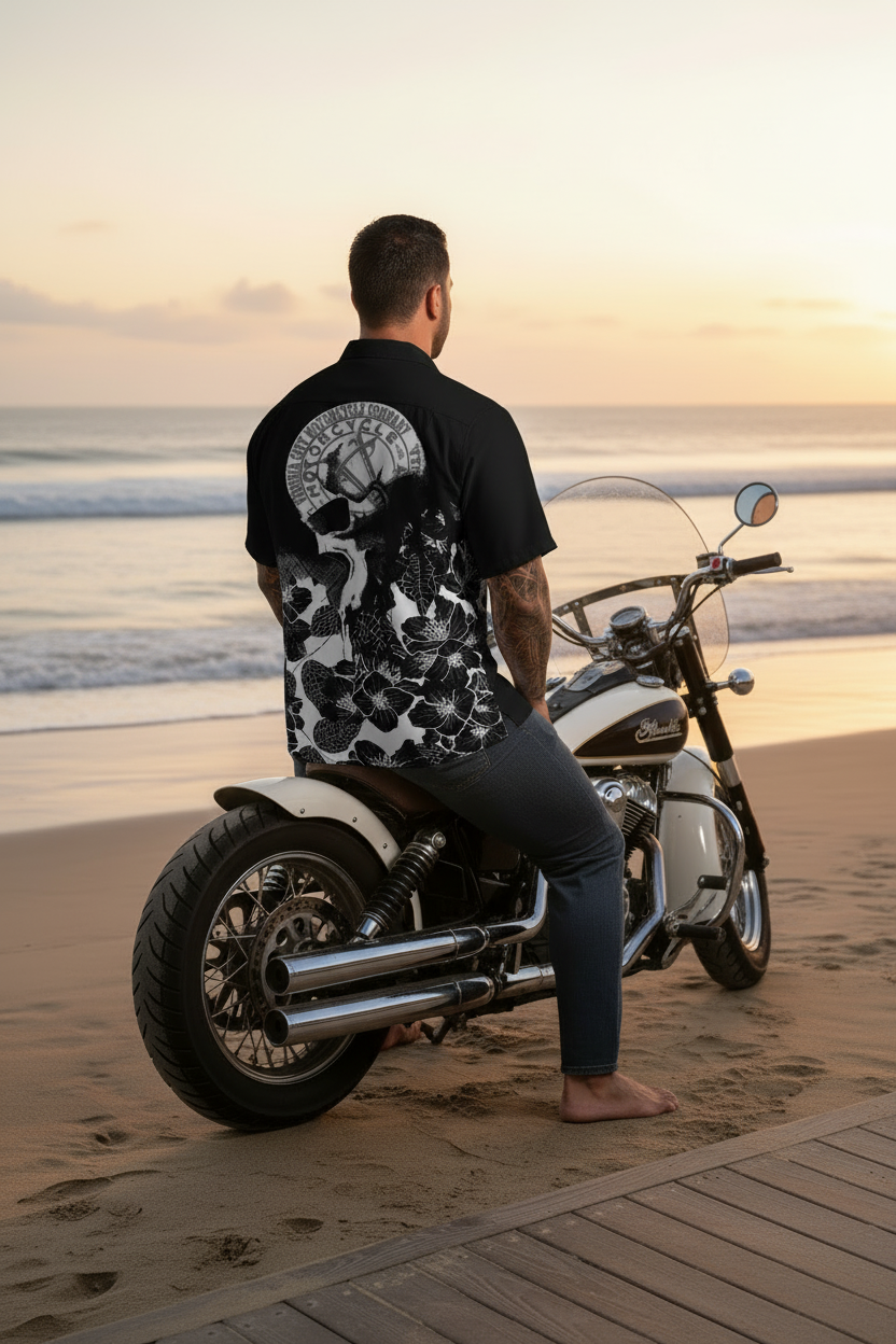 Men's Black and Skull Hawaiian Button Up Shirt |Year-Round Biker Style - Aaria Tees Aaria Tees