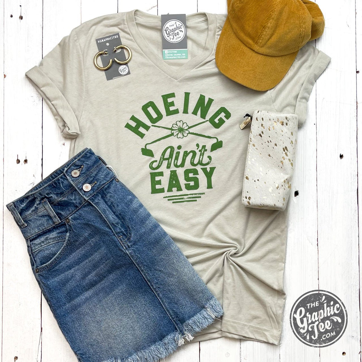 Hoeing Ain't Easy Gardening V Neck Tee - Aaria Tees
