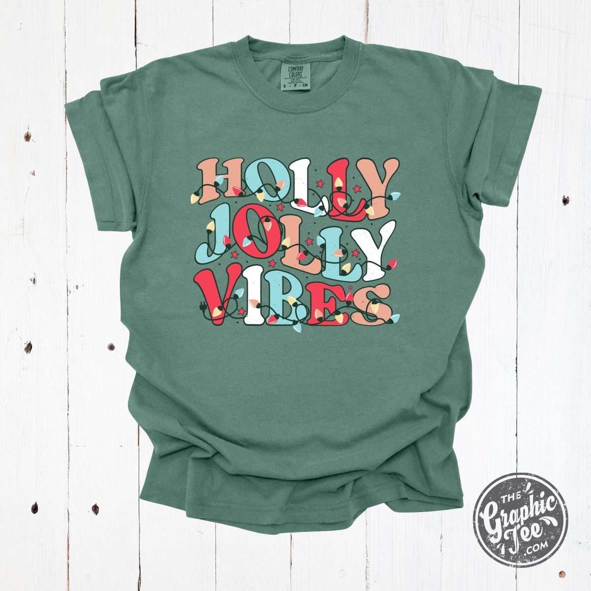 Holly Jolly Vibes Comfort Wash Cypress Green Short Sleeve Tee - Aaria Tees