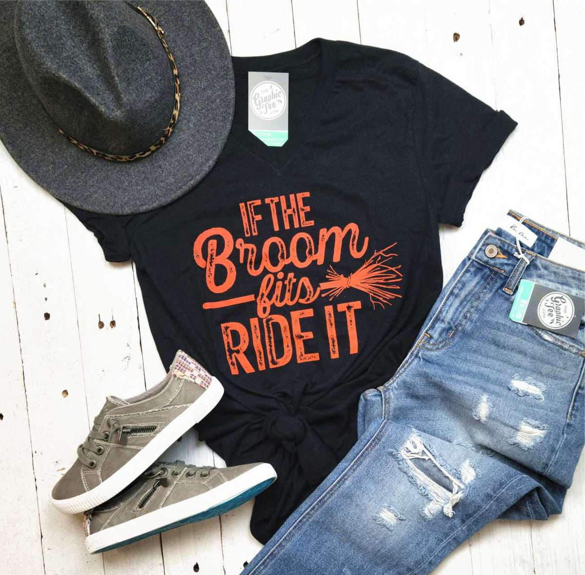 If The Broom Fits Ride It V Neck Black - Aaria Tees