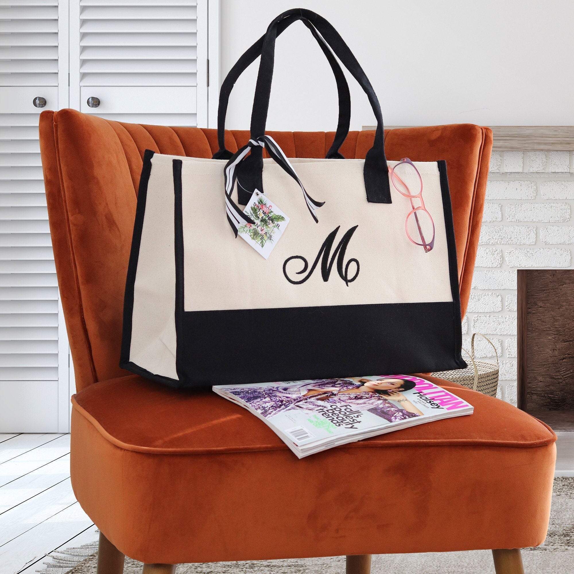 Cute tote bag Monogram Tote Bag with Initial 100% Cotton Canvas and a Chic Personalized Monogram, Beach Bag, Bridesmaid Bag Black - Aaria Tees Aaria Tees