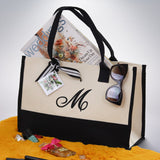 Cute tote bag Monogram Tote Bag with Initial 100% Cotton Canvas and a Chic Personalized Monogram, Beach Bag, Bridesmaid Bag Black - Aaria Tees Aaria Tees