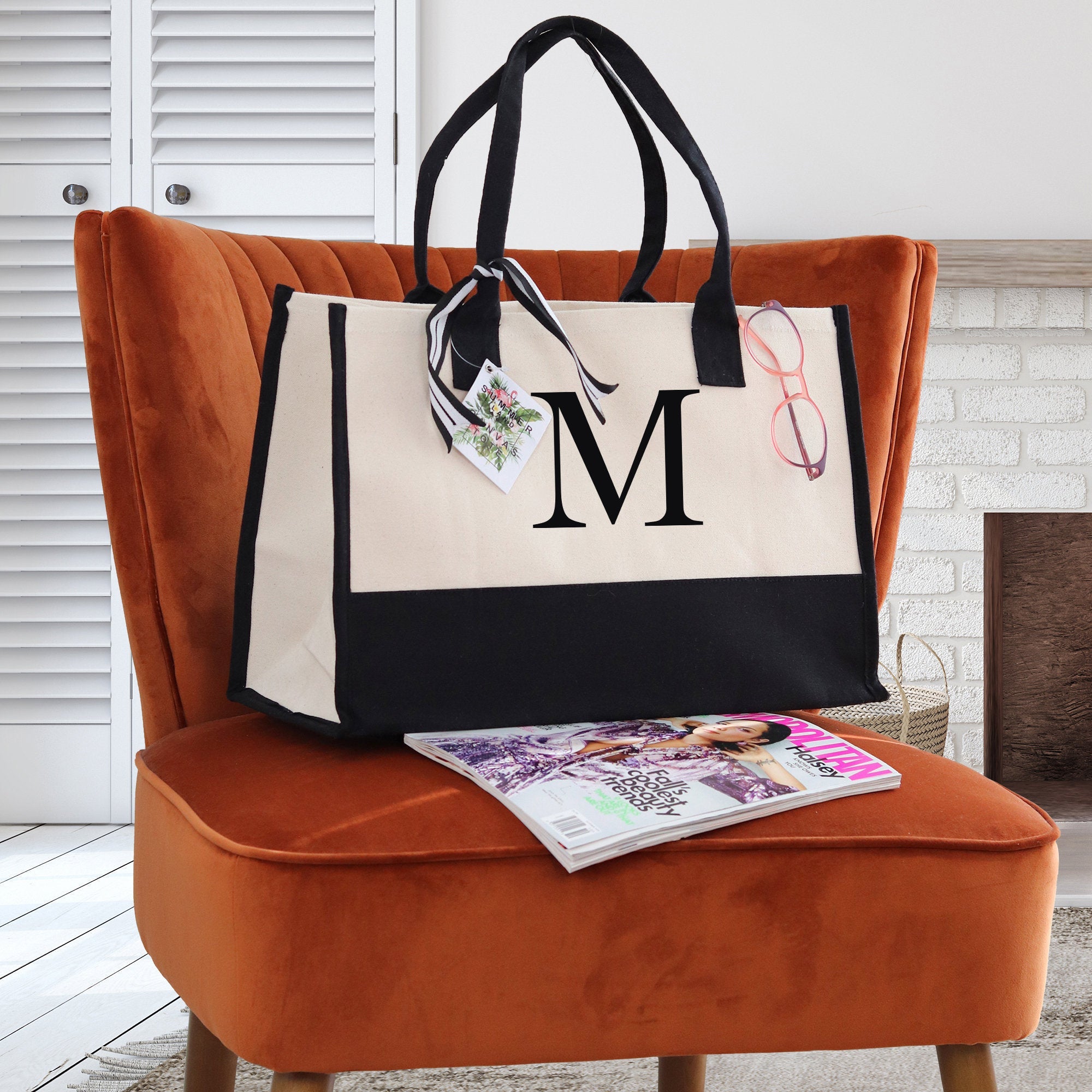 Personalized Cotton Canvas Beach Tote Bag Monogram Tote Bag Initial Canvas Tote Bridesmaid Gift Tote Custom Beach Bag Gift for Her A-Z - Aaria Tees Aaria Tees