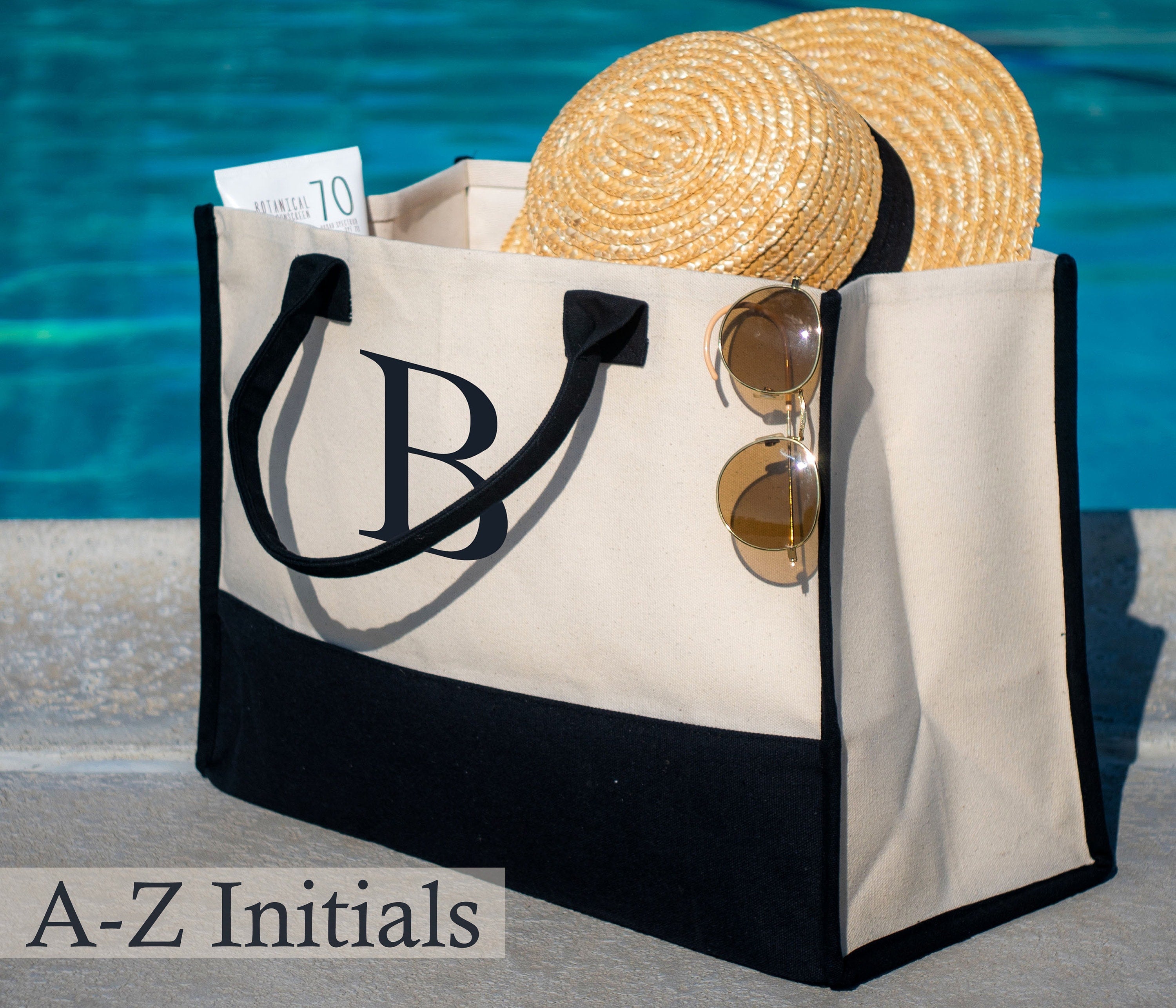 Personalized Cotton Canvas Beach Tote Bag Monogram Tote Bag Initial Canvas Tote Bridesmaid Gift Tote Custom Beach Bag Gift for Her A-Z - Aaria Tees Aaria Tees