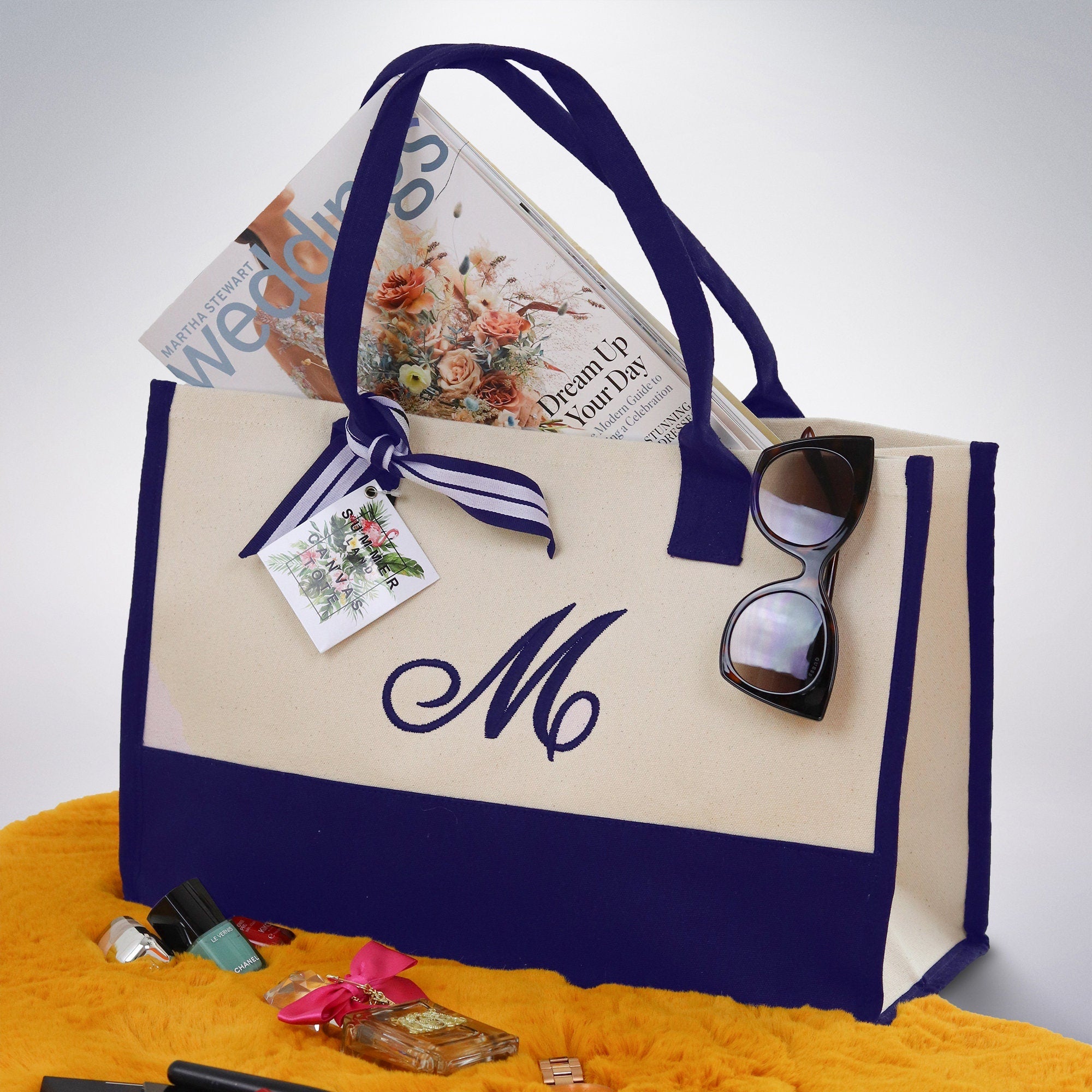 Tote bag aesthetic Embroidery Initial Monogram Large Tote Bag , 100% Cotton Canvas, Bridesmaid Bachelorette Gift Navy - Aaria Tees Aaria Tees