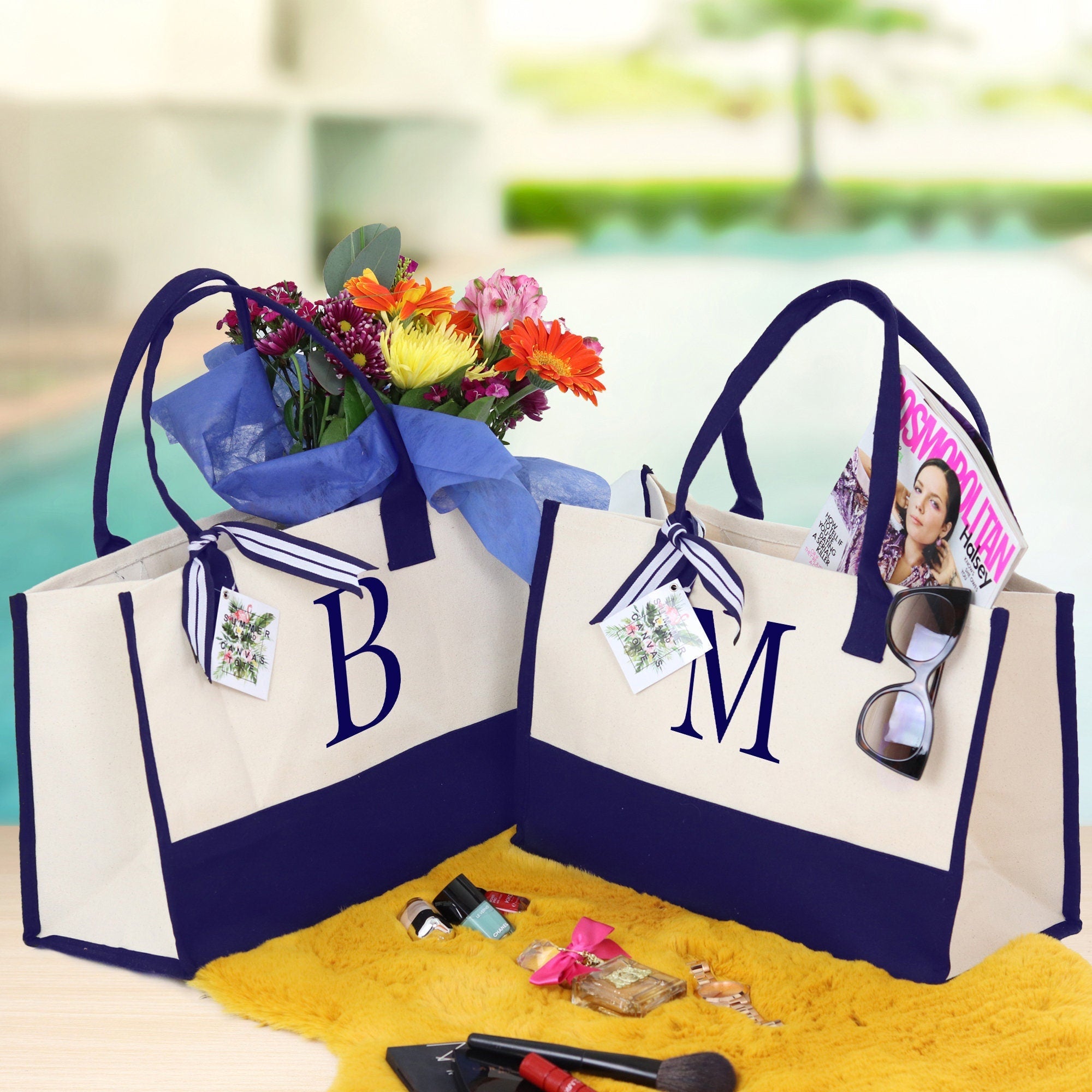 Personalized Cotton Canvas Beach Tote Bag Monogram Tote Bag Initial Canvas Tote Bridesmaid Gift Tote Custom Beach Bag Gift for Her A-Z - Aaria Tees Aaria Tees