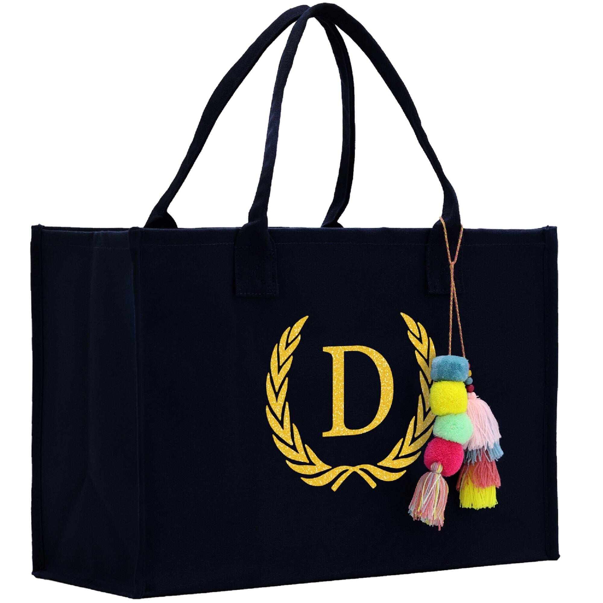 Personalized Gift Monogram Initial 100% Cotton Canvas Chic Tote Bag, Beach Bag, A-Z with Black and Navy Color Options - Aaria Tees Aaria Tees