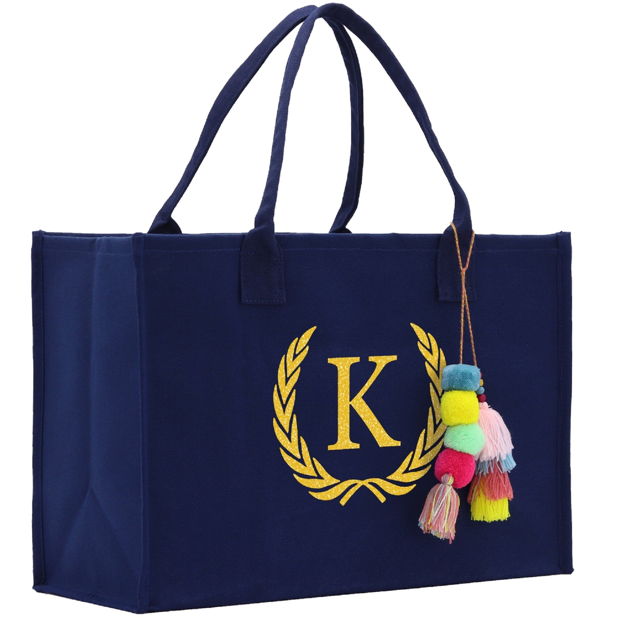 Personalized Gift Monogram Initial 100% Cotton Canvas Chic Tote Bag, Beach Bag, A-Z with Black and Navy Color Options - Aaria Tees Aaria Tees