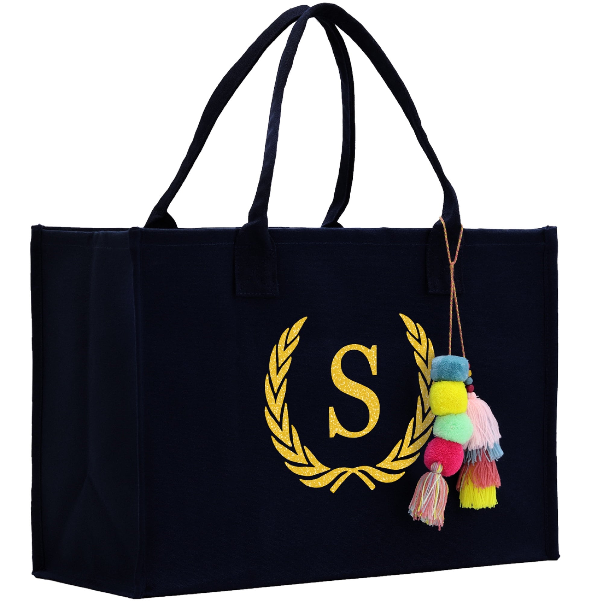 Personalized Gift Monogram Initial 100% Cotton Canvas Chic Tote Bag, Beach Bag, A-Z with Black and Navy Color Options - Aaria Tees Aaria Tees