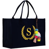 Personalized Gift Monogram Initial 100% Cotton Canvas Chic Tote Bag, Beach Bag, A-Z with Black and Navy Color Options - Aaria Tees Aaria Tees