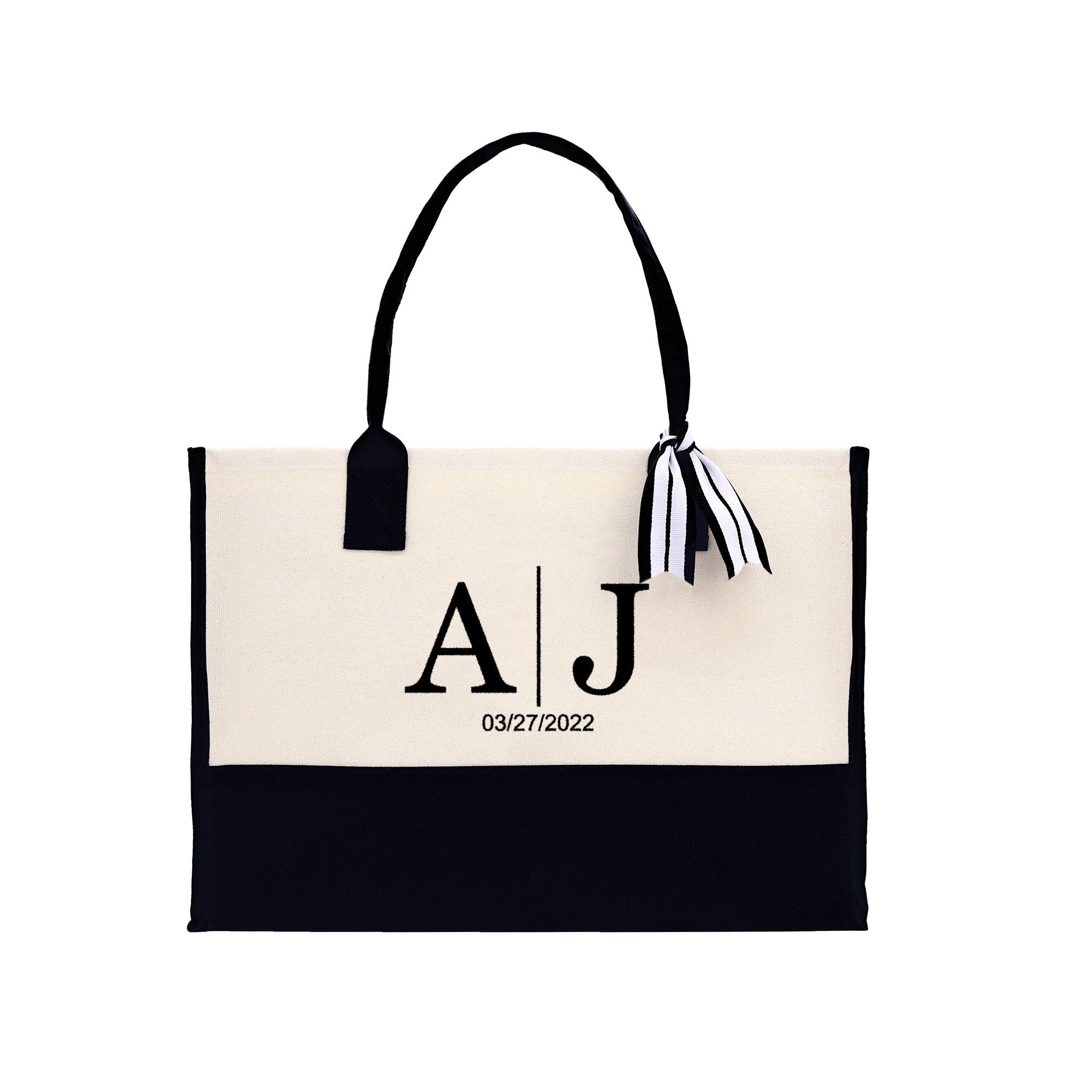 Initials and Date Customized Embroidered Tote Bag 100% Cotton Canvas and Chic Personalized Tote Bag for Bridesmaid Anniversary Wedding Day - Aaria Tees Aaria Tees