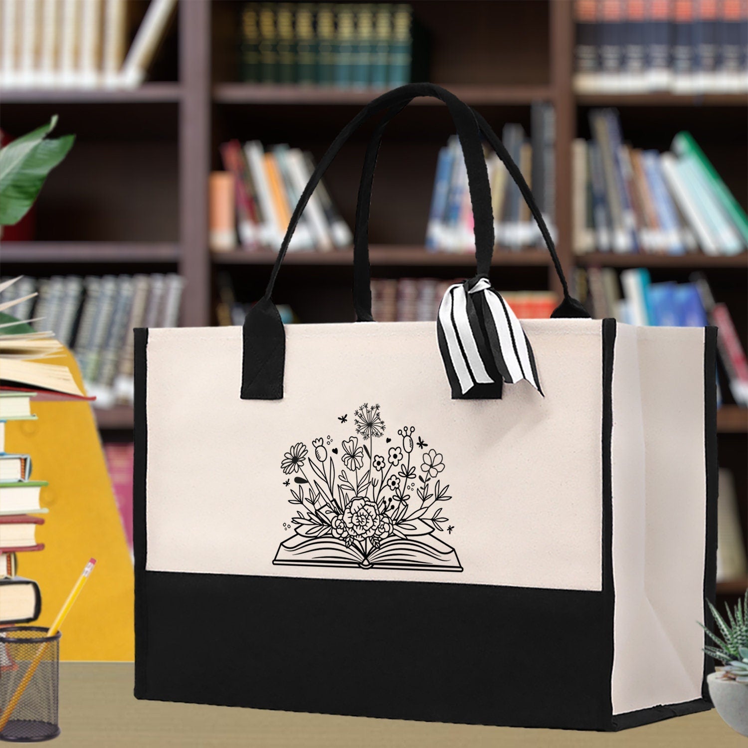 Floral Book Tote Bag Graduation Gift Library Tote School Bag Book worm Bookish Tote Wildflower Book Lover Gift Reader Bloom Canvas Tote - Aaria Tees Aaria Tees