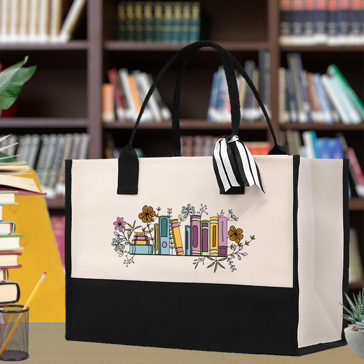 Floral Book Tote Bag Graduation Gift Library Tote School Bag Book worm Bookish Tote Wildflower Book Lover Gift Reader Bloom Canvas Tote - Aaria Tees Aaria Tees