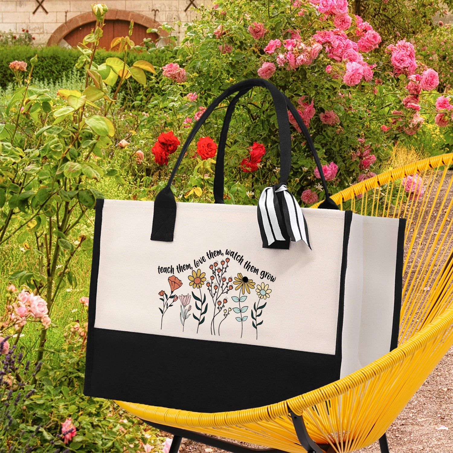 Teacher Floral Tote Bag Teacher Wildflower Graphic Tote Teacher Life Tote Bag Teacher Flower Bag Gift for Teacher Wildflower Book Bag - Aaria Tees Aaria Tees