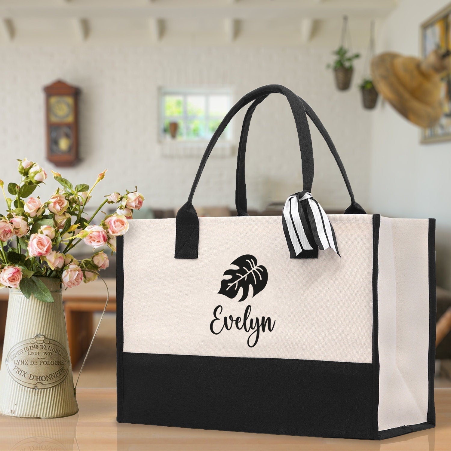 Tropical Leaf with Name Custom Wedding Tote Palm Leaf Bridesmaid Tote Bag Personalized Bride Gift Honeymoon Gift Wedding Bridal Party Gift - Aaria Tees Aaria Tees