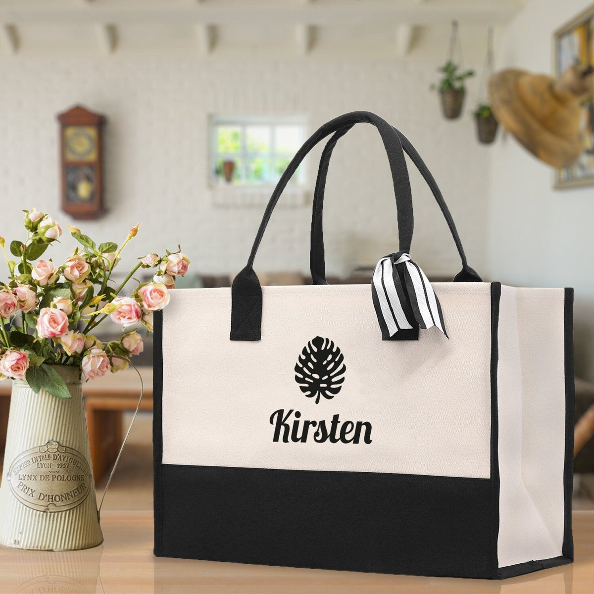 Tropical Leaf with Name Custom Wedding Tote Palm Leaf Bridesmaid Tote Bag Personalized Bride Gift Honeymoon Gift Wedding Bridal Party Gift - Aaria Tees