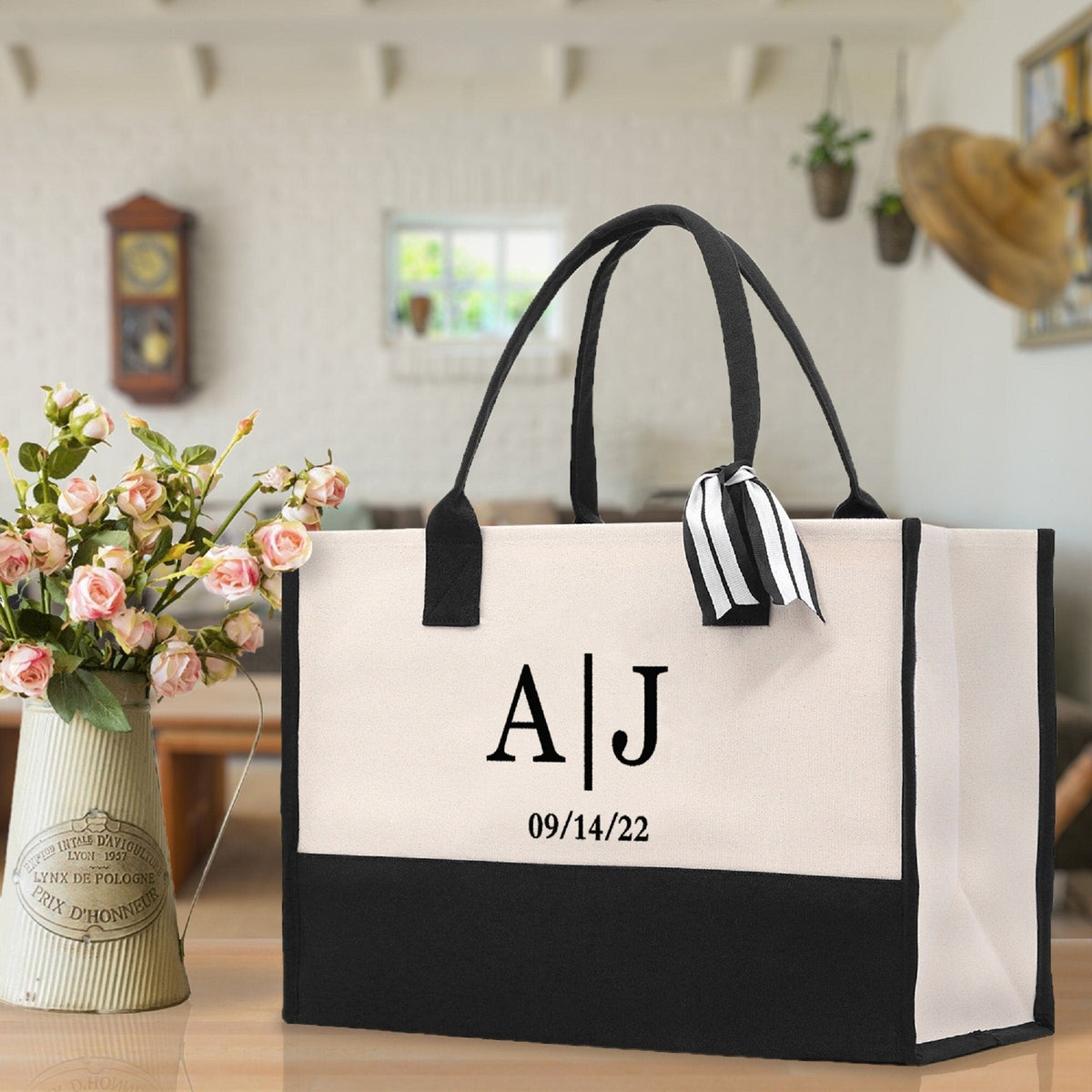Initials and Date Customized Embroidered Tote Bag 100% Cotton Canvas and Chic Personalized Tote Bag for Bridesmaid Anniversary Wedding Day - Aaria Tees