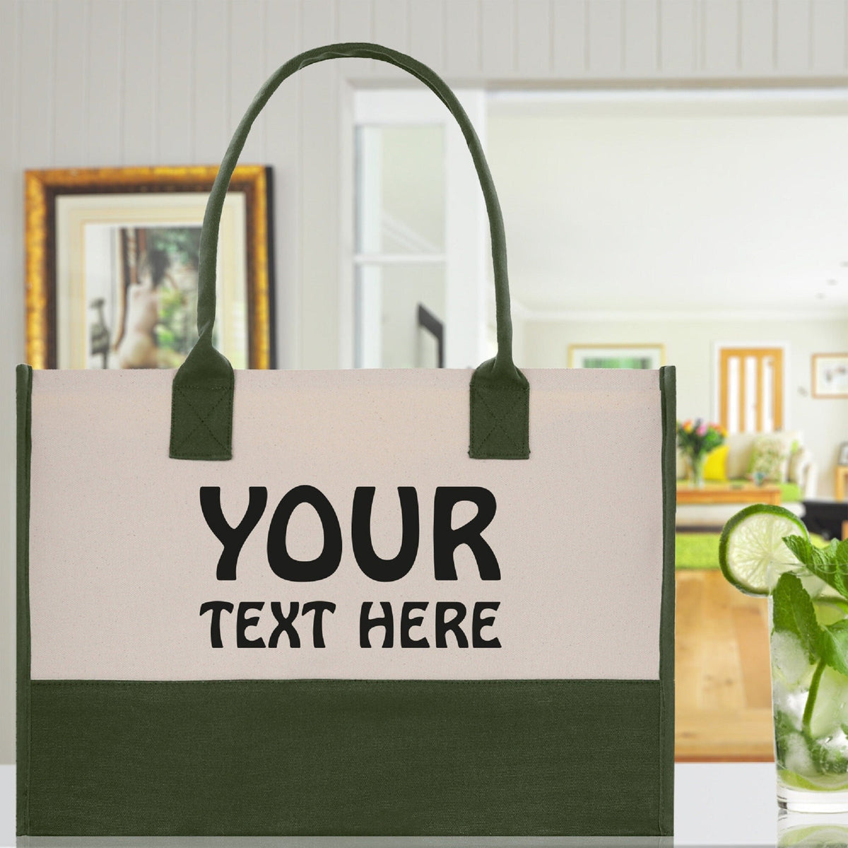 Customized Embroidered Name Tote Bag 100% Cotton Canvas and a Chic Personalized Tote Bag, Beach Bag, Market Bag, Bridesmaid Bag - Olive - Aaria Tees