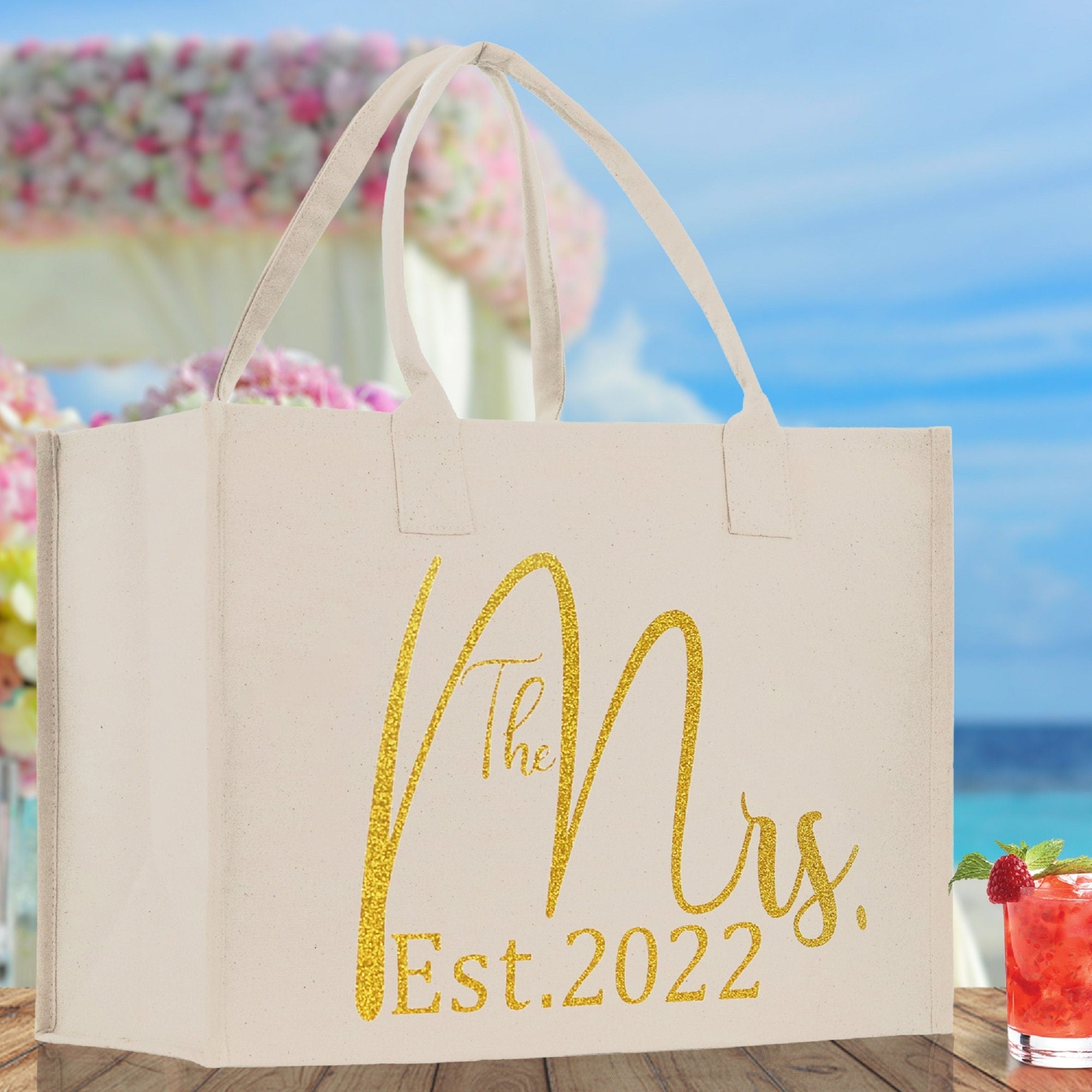 The Mrs. Est. 2022 Large Print Tote Bag 100% Cotton Canvas Bridal Party Tote Bachelorette Bag Bridal Chic Tote Bags Wedding Totes - Aaria Tees Aaria Tees