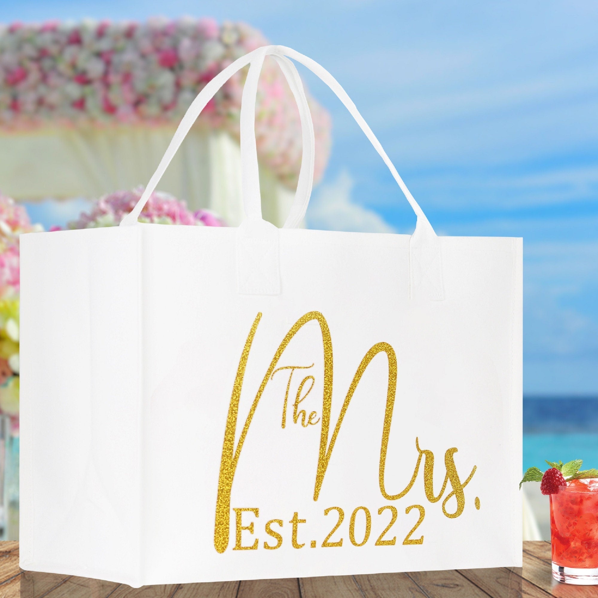 The Mrs. Est. 2022 Large Print Tote Bag 100% Cotton Canvas Bridal Party Tote Bachelorette Bag Bridal Chic Tote Bags Wedding Totes - Aaria Tees Aaria Tees