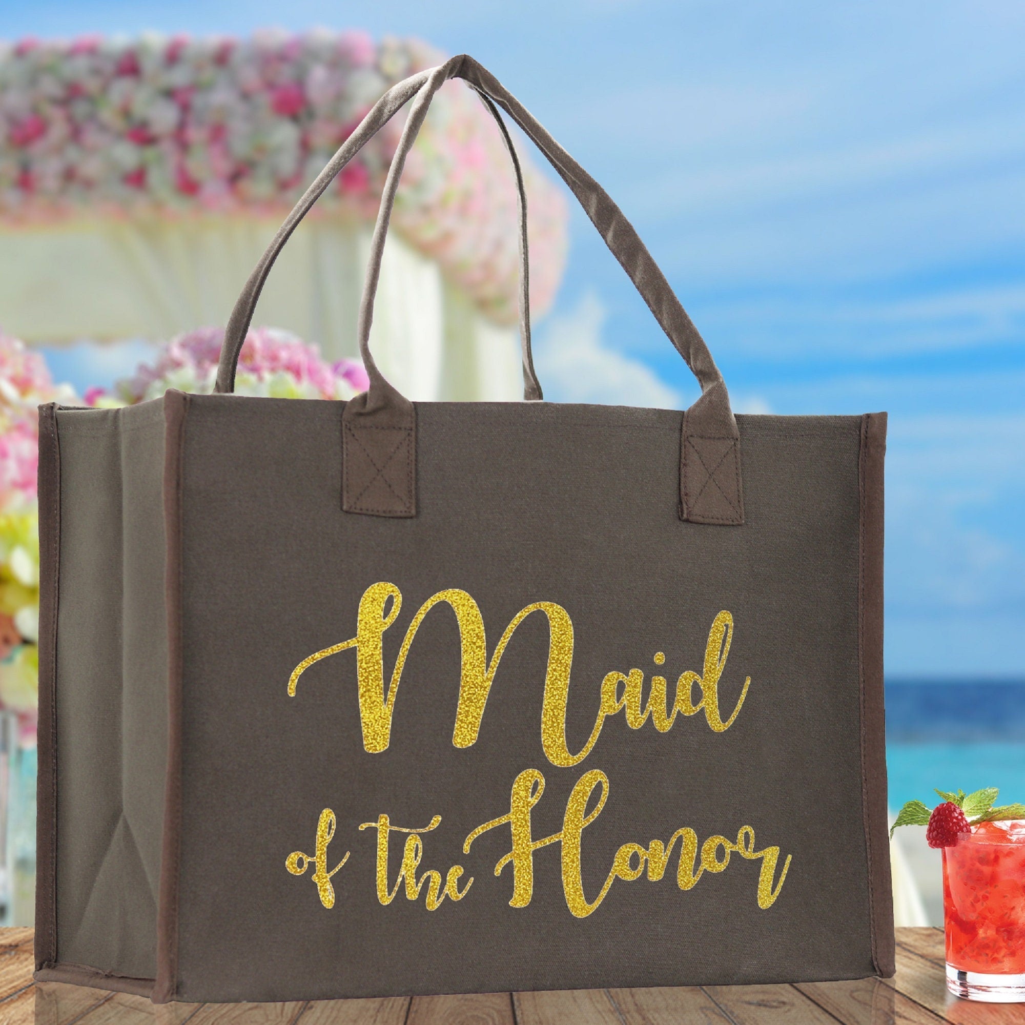 Maid of The Honor Large Print Tote Bag 100% Cotton Canvas Bridal Party Tote Bachelorette Bag Bridal Chic Tote Bags Wedding Totes - Aaria Tees Aaria Tees