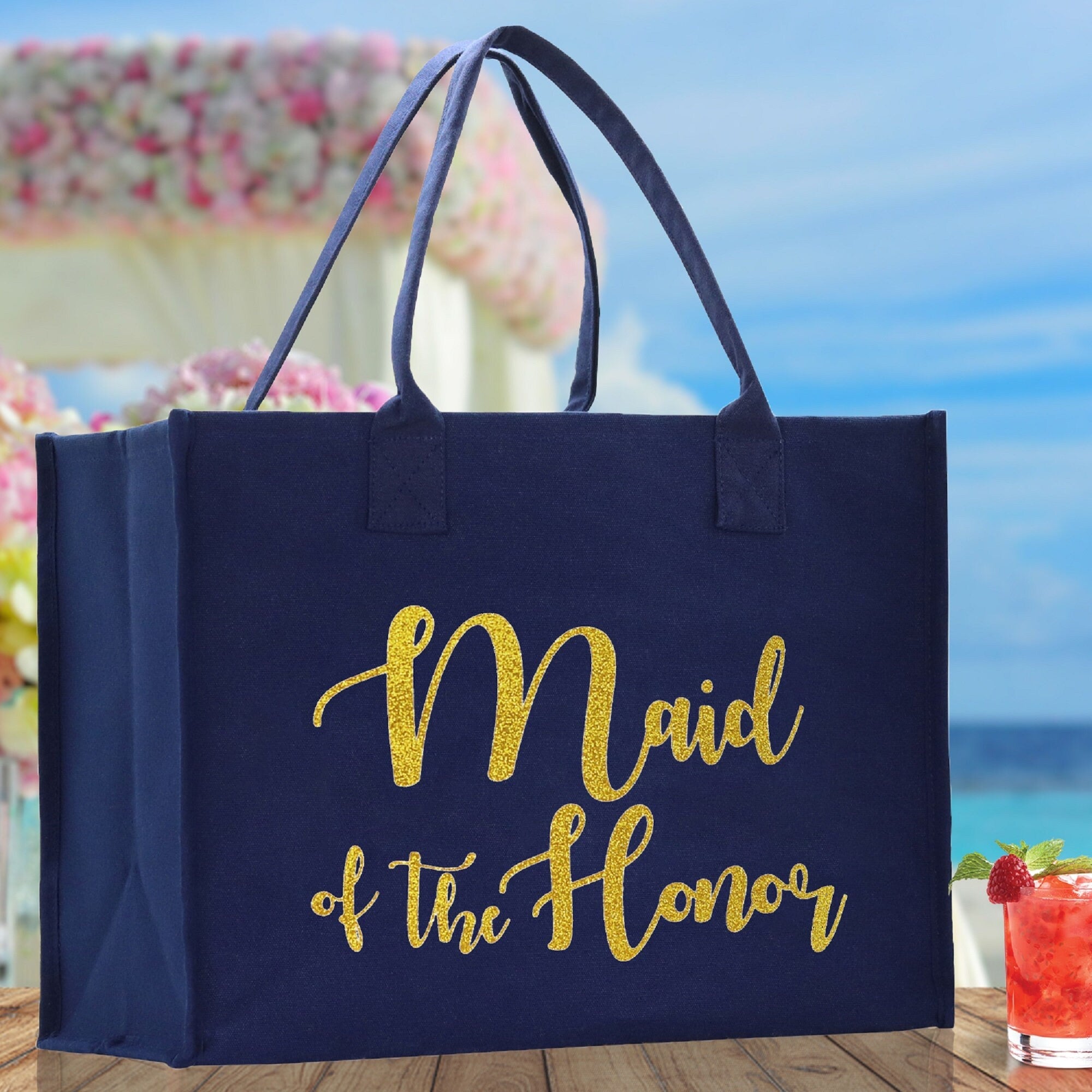Maid of The Honor Large Print Tote Bag 100% Cotton Canvas Bridal Party Tote Bachelorette Bag Bridal Chic Tote Bags Wedding Totes - Aaria Tees Aaria Tees