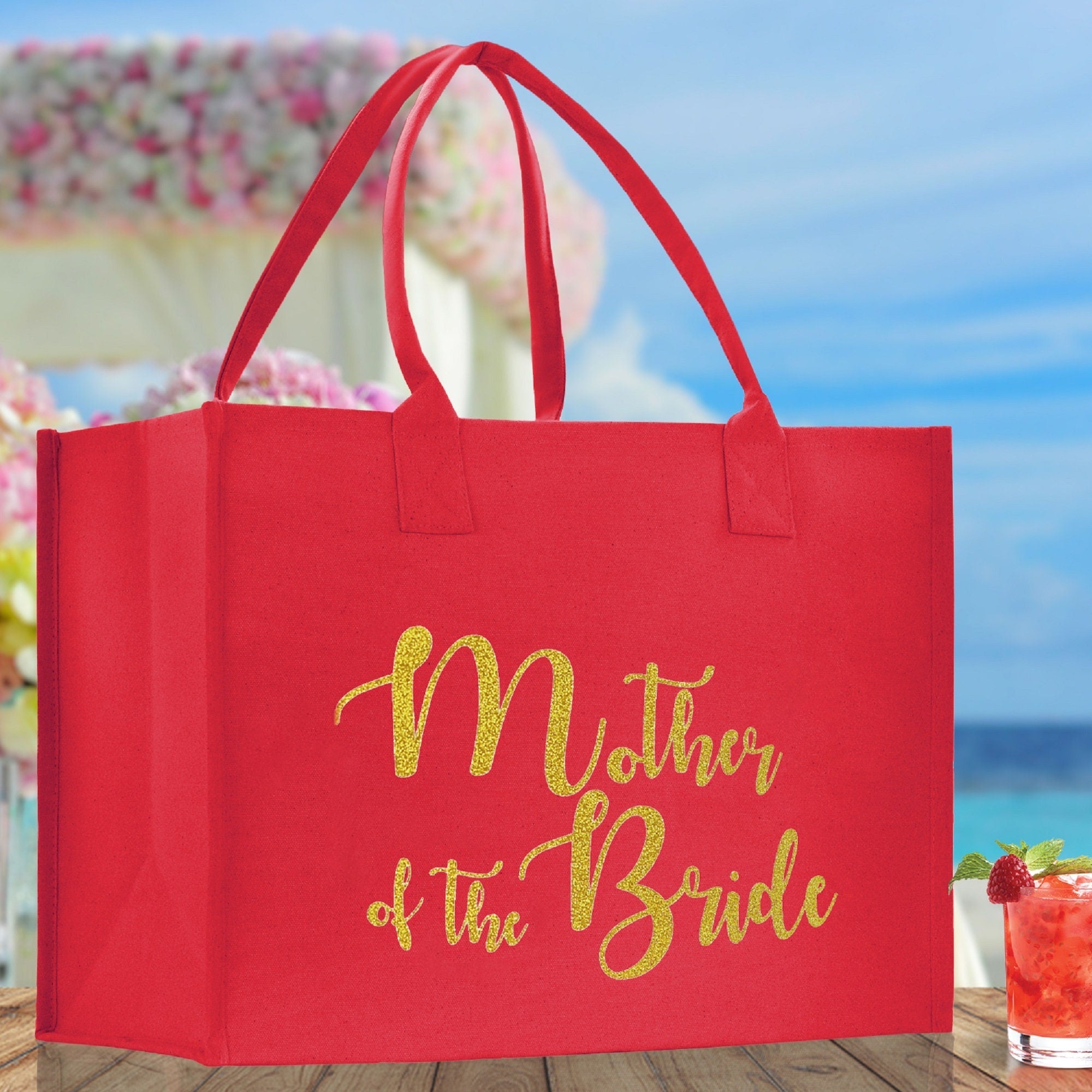 Mother of The Bride Large Print Tote Bag 100% Cotton Canvas Bridal Party Tote Bachelorette Bag Bridal Chic Tote Bags Wedding Totes - Aaria Tees Aaria Tees