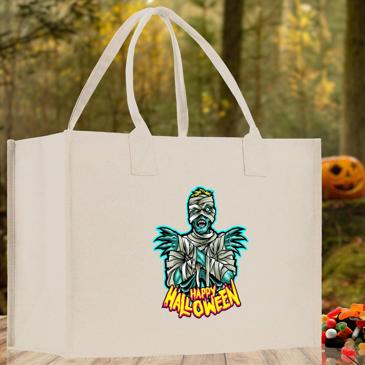 Halloween Trick or Treat Tote Bag Halloween Tote Bag for Kids Halloween Gift Halloween Candy Bag Halloween Doodles Cute Canvas Tote Bag - Aaria Tees