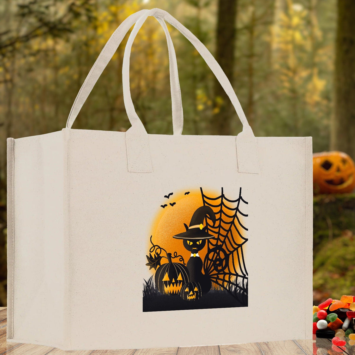 Halloween Trick or Treat Tote Bag Halloween Tote Bag for Kids Halloween Gift Halloween Candy Bag Halloween Doodles Cute Canvas Tote Bag - Aaria Tees