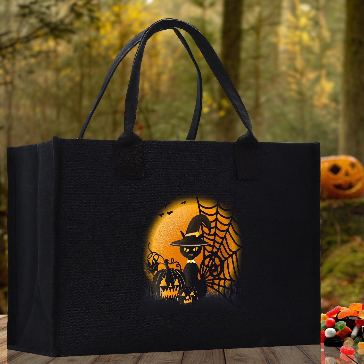 Halloween Trick or Treat Tote Bag Halloween Tote Bag for Kids Halloween Gift Halloween Candy Bag Halloween Doodles Cute Canvas Tote Bag - Aaria Tees Aaria Tees
