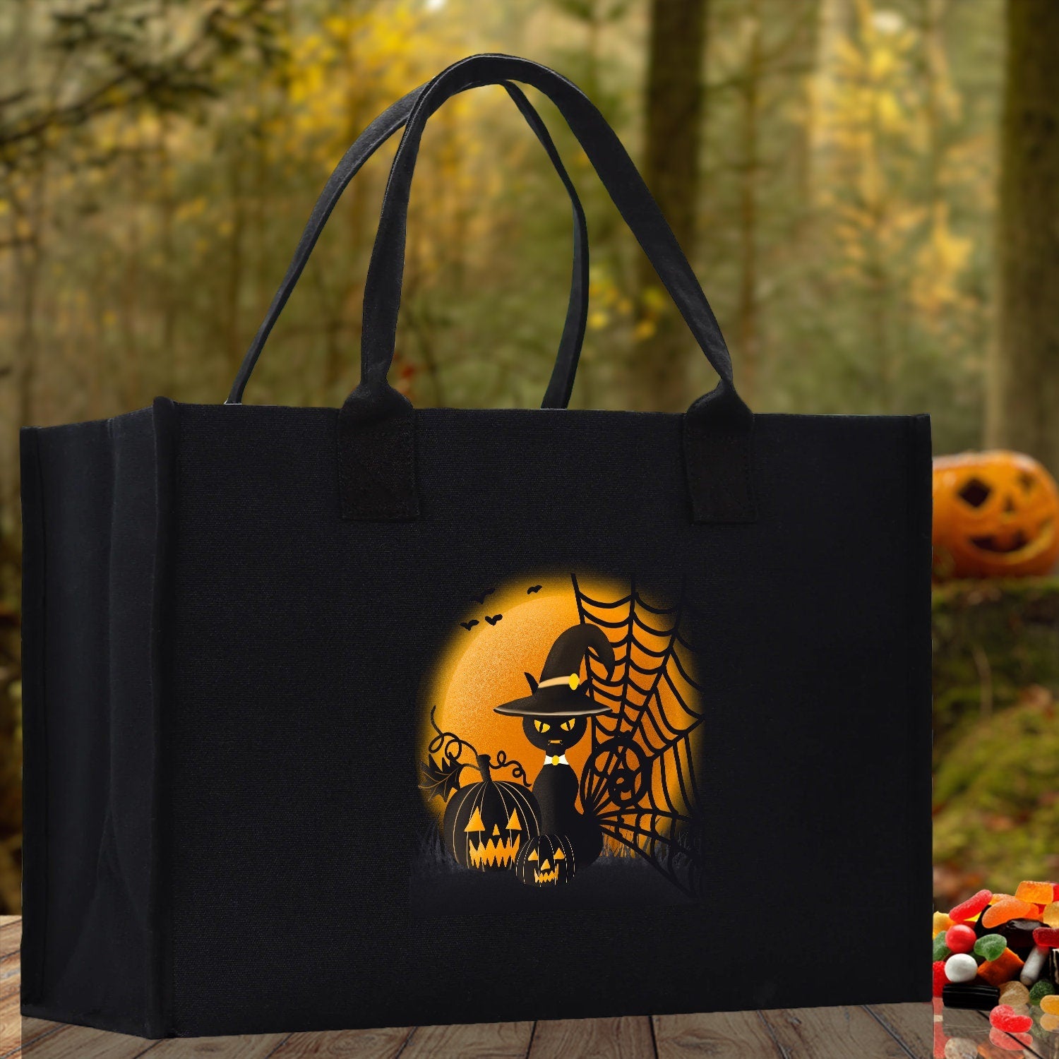 Halloween Trick or Treat Tote Bag Halloween Tote Bag for Kids Halloween Gift Halloween Candy Bag Halloween Doodles Cute Canvas Tote Bag - Aaria Tees Aaria Tees