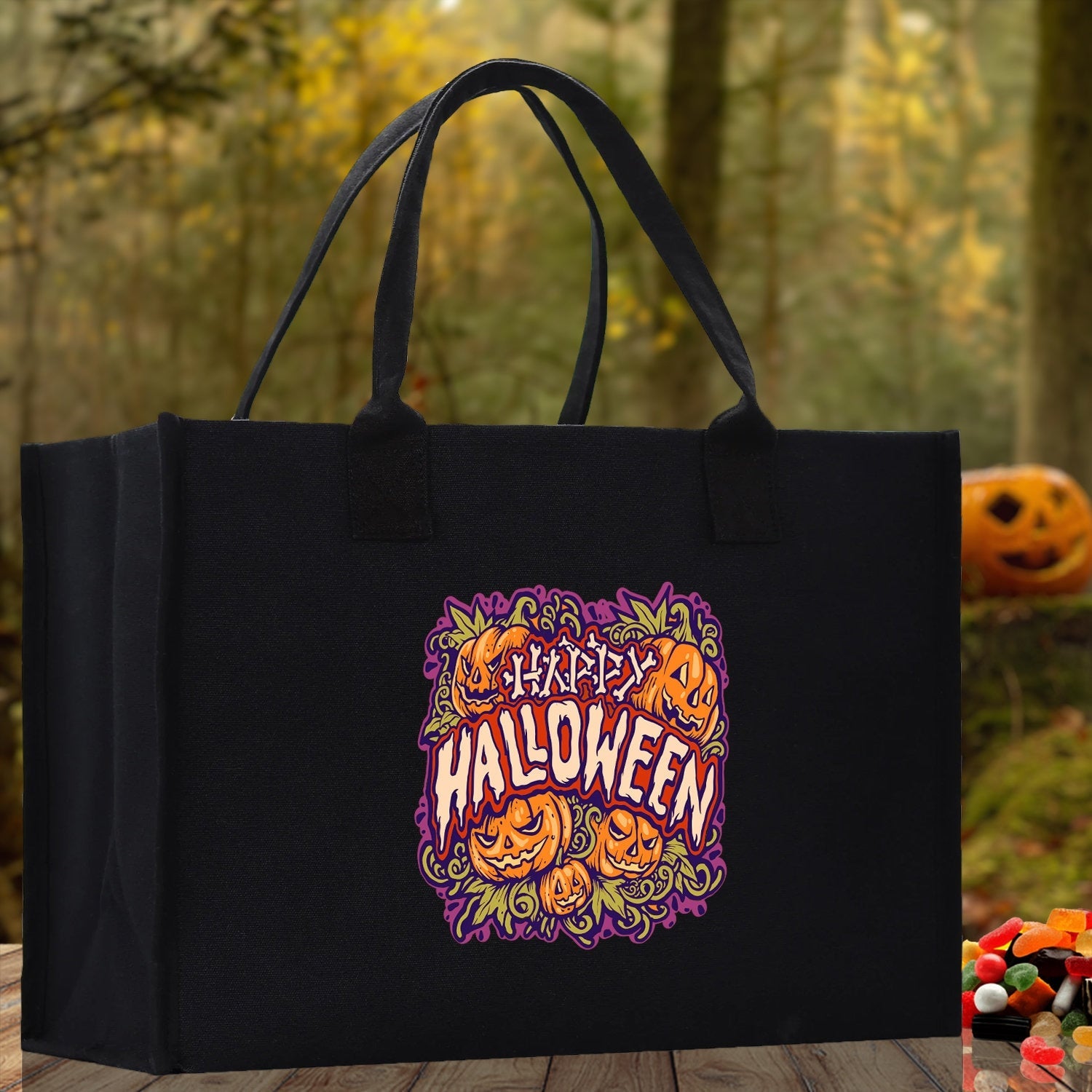 Halloween Trick or Treat Tote Bag Halloween Tote Bag for Kids Halloween Gift Halloween Candy Bag Halloween Doodles Cute Canvas Tote Bag - Aaria Tees Aaria Tees