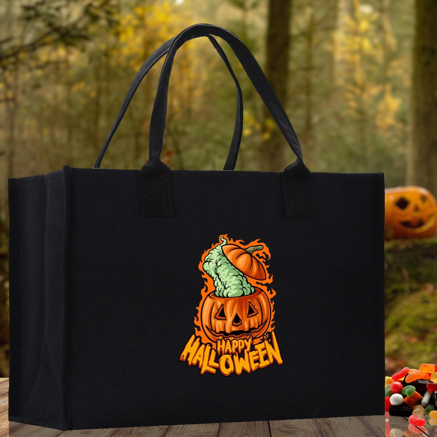 Halloween Trick or Treat Tote Bag Halloween Tote Bag for Kids Halloween Gift Halloween Candy Bag Halloween Doodles Cute Canvas Tote Bag - Aaria Tees Aaria Tees